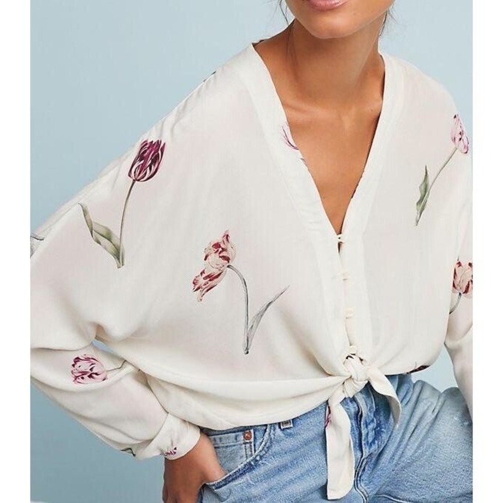 Rails Sloan Tulip Ivory Floral Tie Front Button Down Blouse Top Size Small